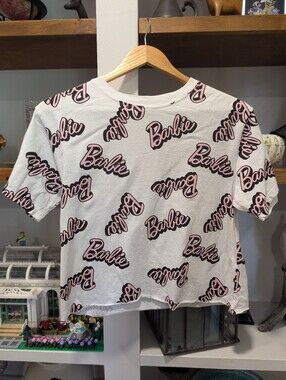 Barbie 80s Logo White Crop Top T shirt Size X Small (Juniors Small)